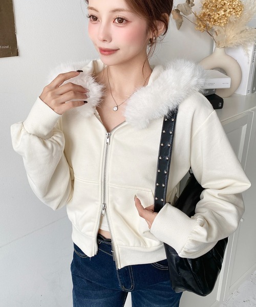 moment+ パーカー ファーフードダブルジップショートパーカー