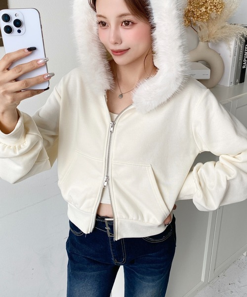 moment+ パーカー ファーフードダブルジップショートパーカー