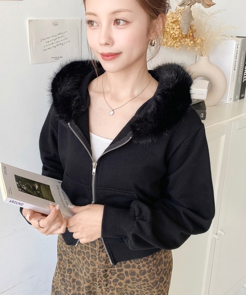 moment+ パーカー ファーフードダブルジップショートパーカー