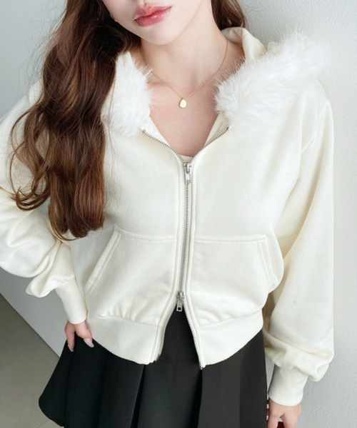 moment+ パーカー ファーフードダブルジップショートパーカー