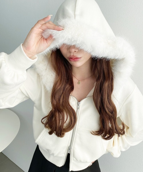 moment+ パーカー ファーフードダブルジップショートパーカー