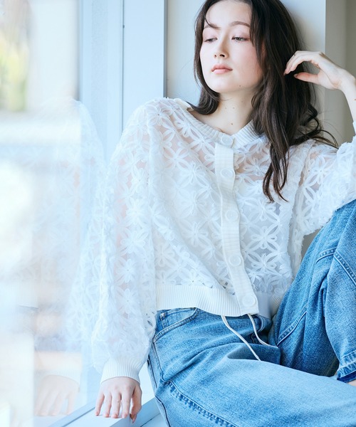 カーディガン フラワー立体刺繍ブラウスカーディガン レディースの画像