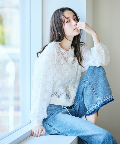 カーディガン フラワー立体刺繍ブラウスカーディガン レディースの画像