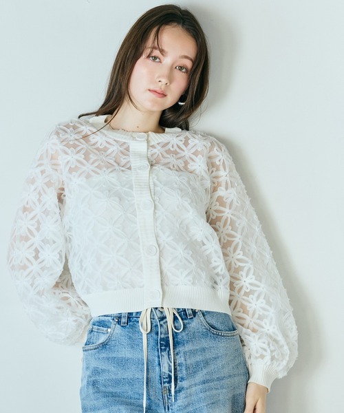 カーディガン フラワー立体刺繍ブラウスカーディガン レディースの画像