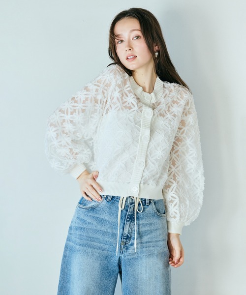 カーディガン フラワー立体刺繍ブラウスカーディガン レディースの画像