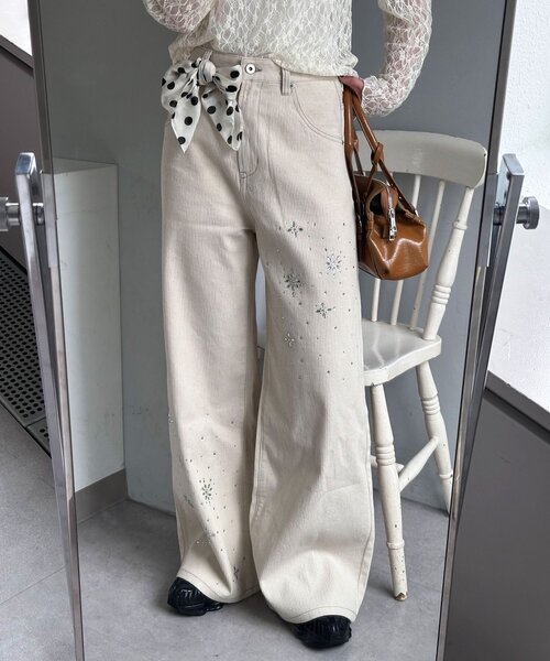 ジーンズ デニム デニムパンツ 「あみ(＠a.m.6.43)企画」ラインストーンストライプワイドデニム レディースの画像