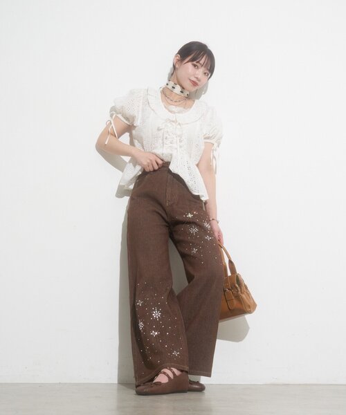 ジーンズ デニム デニムパンツ 「あみ(＠a.m.6.43)企画」ラインストーンストライプワイドデニム レディースの画像