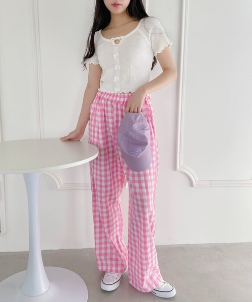 キースL ピンクチェック柄パンツ44サイズ Loueme パンツ 「23S/S」ギンガムチェックイージーパンツ