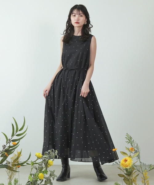 ワンピース ドレス バックリボン ドット ノースリーブ ロング ワンピース back ribbon sleeveless long dress /ギャザー