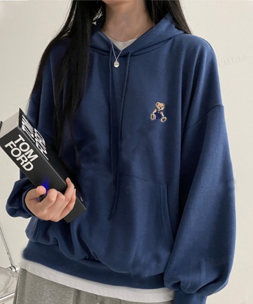 パーカー 韓国ファッション BEARワンポイント刺繍オーバーサイズパーカー／フーディー 選べる２タイプ レディース