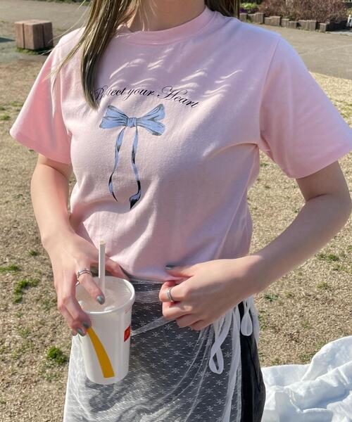 WOND tシャツ Tシャツ リボンプリントTシャツ レディース