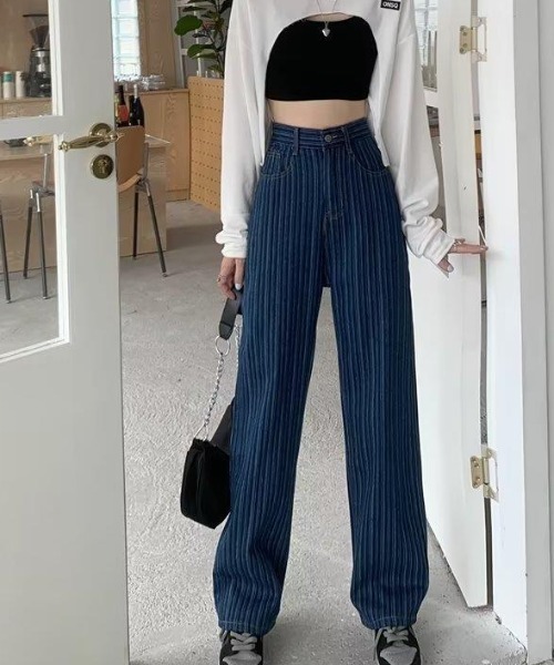 生まれのブランドで パンツ デニム ジーンズ ストライプパターンストレートデニム パンツ
