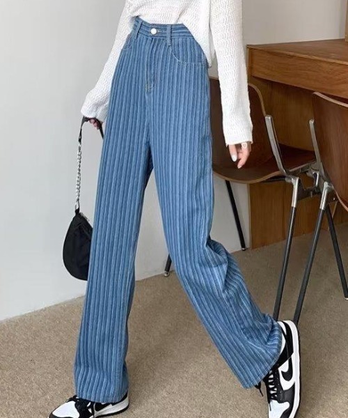 パンツ デニム ジーンズ ストライプパターンストレートデニム