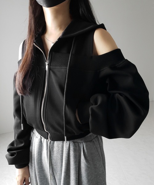 パーカー 「 ２color 」オープンショルダーカットアウトジップアップパーカー ／ open shoulder cut out zip up hoo