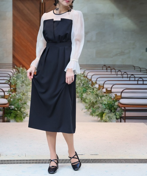 PourVous ロングドレス 黒 PourVous ドレス 結婚式パーティードレスコクーンライン袖あり