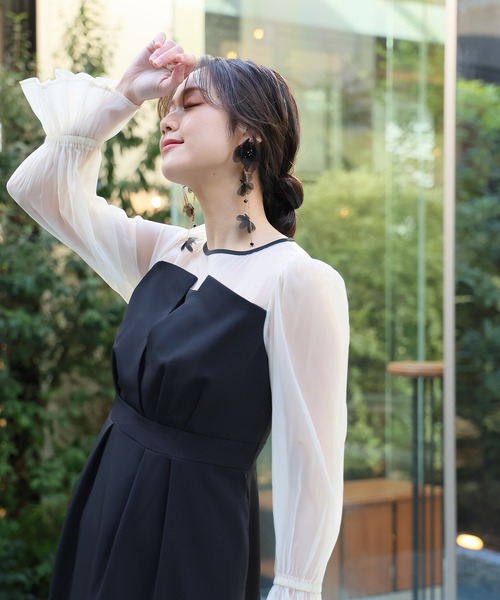 PourVous ロングドレス 黒 PourVous ドレス 結婚式パーティードレスコクーンライン袖あり