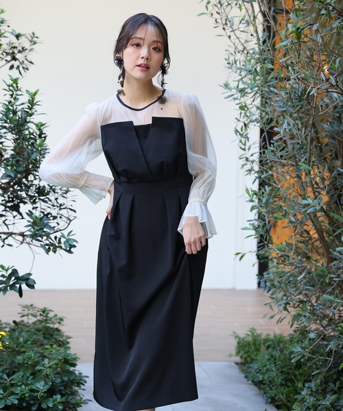 PourVous ロングドレス 黒 PourVous ドレス 結婚式パーティードレスコクーンライン袖あり