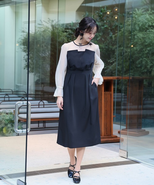 PourVous ロングドレス 黒 PourVous ドレス 結婚式パーティードレスコクーンライン袖あり