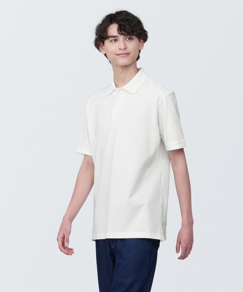 美品dunhillコットン鹿の子編みダブルフェイスポロシャツ半袖メンズM白 無印良品 ポロシャツ 紳士 洗いざらし鹿の子編み半袖ポロシャツ