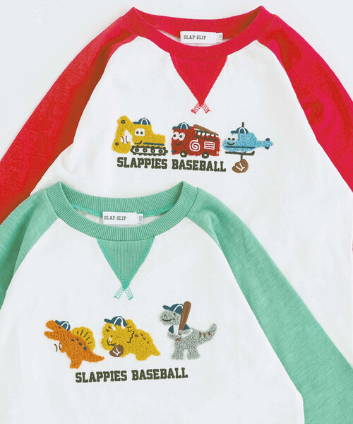 子供のTーシャツ2種　と　ストラップ SLAP SLIP tシャツ 乗り物恐竜ポコポコサガラ刺しゅう7分袖