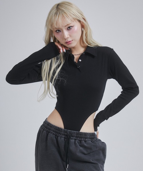 黒のハイカットボディスーツ ENVYM（アンビー） tシャツ カットリブボディスーツ レディース