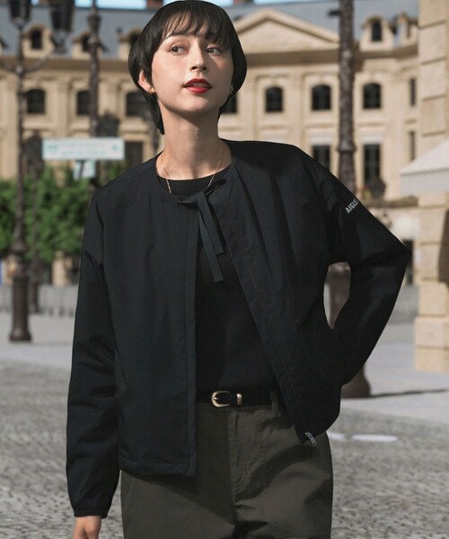 AIGLE ナイロンノーカラージャケット UVカット 吸水速乾 軽量 ショート丈 ノーカラージップナイロン