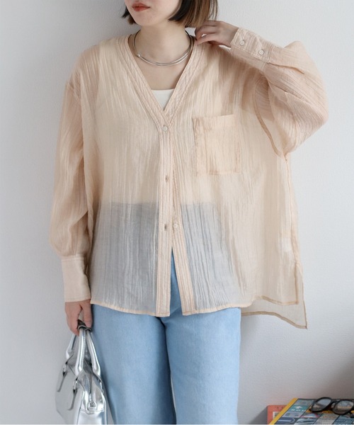 cepo（セポ） ブラウス シャツ ワッシャーVネックシアーシャツ