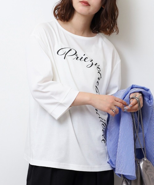 tシャツ BRODIAEA ロゴプリントTシャツ 7分袖カットソー レディース