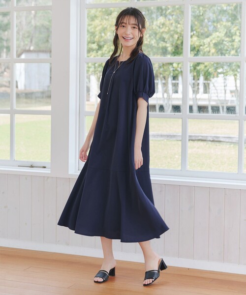 2色 ギャザー ワンピース レース マーメイド ミディアム 長袖 1 XS-Lサイズあり【SETTAN/セッタン】総レース/ Vネック/ 長袖/ 袖