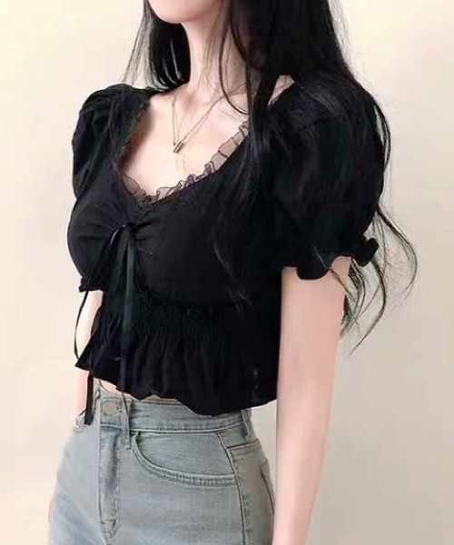 SHEENA（シーナ） tシャツ パフスリーブギャザーフリルショート丈