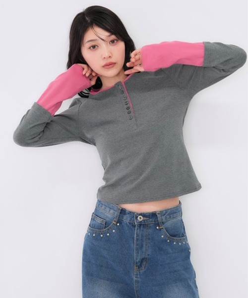 tシャツ ZOZO限定 大人気 ハーフボタン レイヤード風 ロングTシャツ トレンド  グレー×ピンク　カラー「今期新発売」 レディース