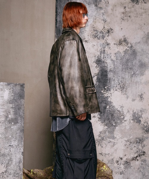 ジャケット テーラードジャケット 「UNISEX」Sheep Leather Peaked Lapel Semi-Double Tailored Jaの画像