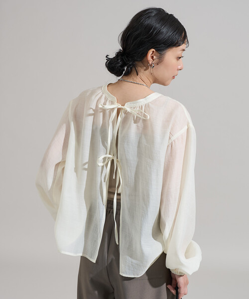 y♡様【新品未使用】OHGA SAVON サボン パフスリーブシアーブラウス FREAK'S STORE（フリークスストア） ブラウス シャツ パフ リボン 2WAY