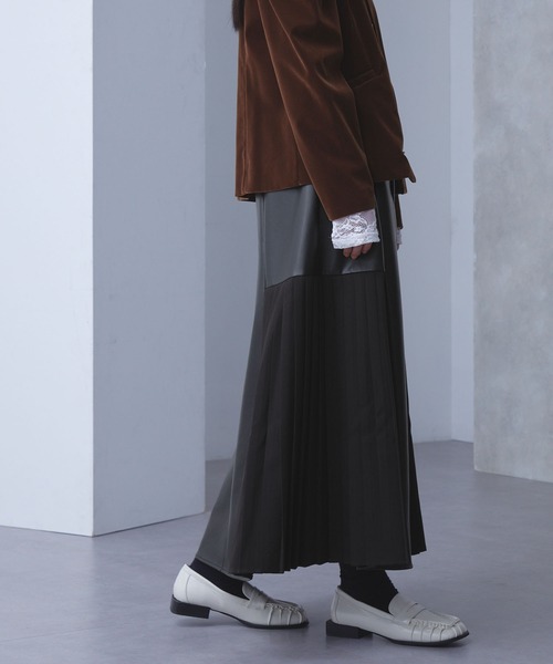 ELUNIS スカート サイドプリーツコンビ合皮スカート : ZOZOTOWN Yahoo