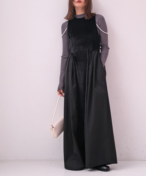 AKTE（アクテ） ワンピース パールストラップベロアワンピース
