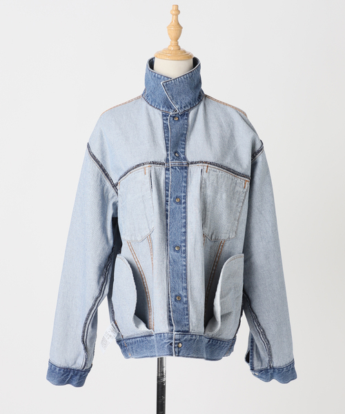 極美品☆ 自由区　【WEB限定/洗える】　ベビースキンデニムノーカラージャケット セール】 【WEB限定/洗える】ベビースキンデニム ノーカラージャケット