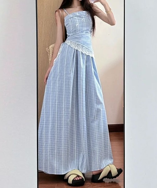 【極美品】バーバリーブルーレーベル キャミワンピース ギンガムチェック ベルト ワンピース フレンチ風ブルーギンガムチェックキャミワンピース