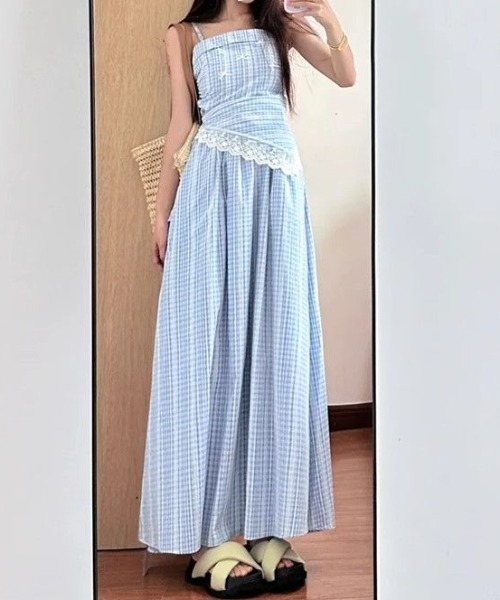 ワンピース フレンチ風ブルーギンガムチェックキャミワンピース