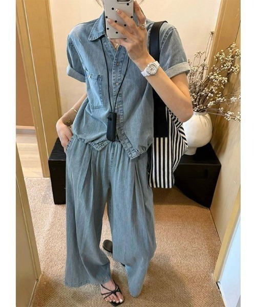 FAVORITO セットアップ デニムシャツトップスワイドパンツセットアップ