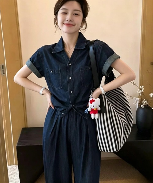 FAVORITO セットアップ デニムシャツトップスワイドパンツセットアップ