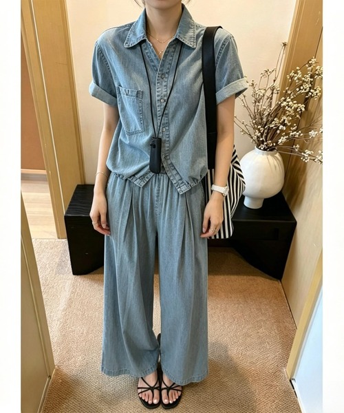 デニムセットアップ　トップス FAVORITO セットアップ デニムシャツトップスワイドパンツセットアップ