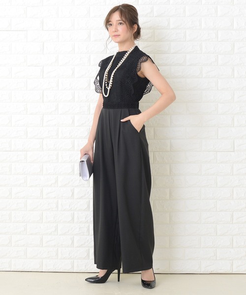 Lace Ladies パンツドレス フリルノースリーブオールインワン