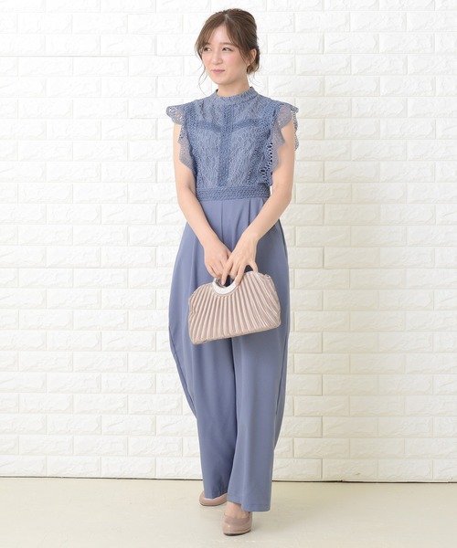 レースレディース Lace Ladies フリルノースリーブオールインワンパンツドレス （ネイビー） レースレディース Lace Ladies ノースリーブVネック