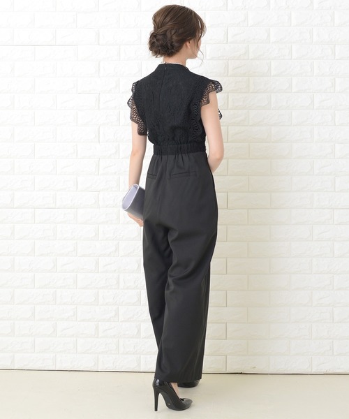 Lace Ladies パンツドレス フリルノースリーブオールインワン