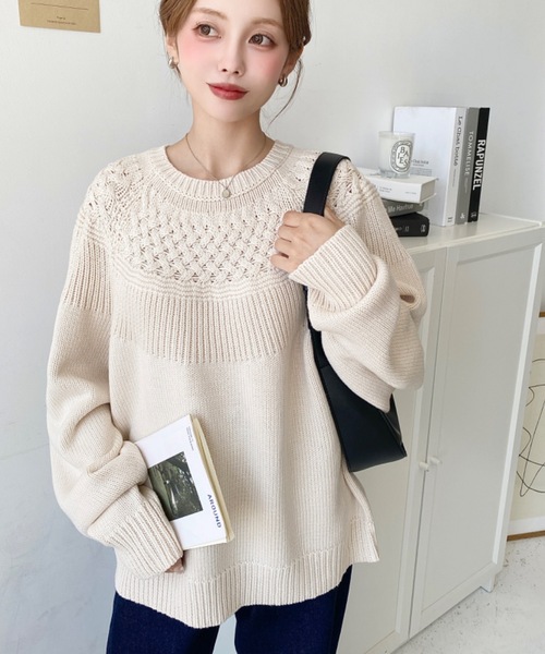 ニット セーター 「ケーブル編みクルーネックプルオーバー」 レディース HEILIS ニット セーター ケーブル編クルーネックニット