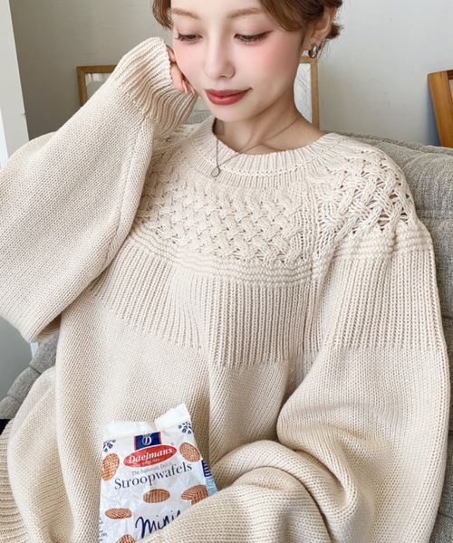 ニット セーター ステッチレース編みケーブルニット レディース palm RICHE ニット セーター ステッチレース編みケーブルニット