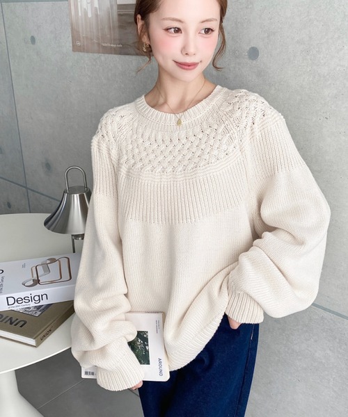 美品　TONET トネット　ケーブル　編み　ニット　コート　ダブル　カシミヤ混 ケーブル柄クルーネックニット ケーブル ニット[品番：ADEW0000001