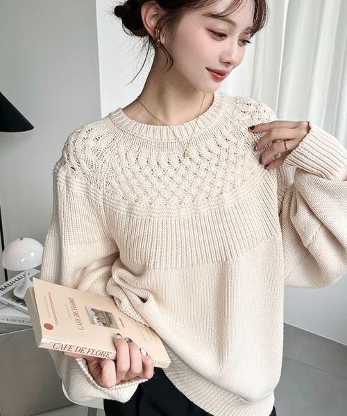 moment+ ニット セーター 求心ケーブル編みニットプルオーバー