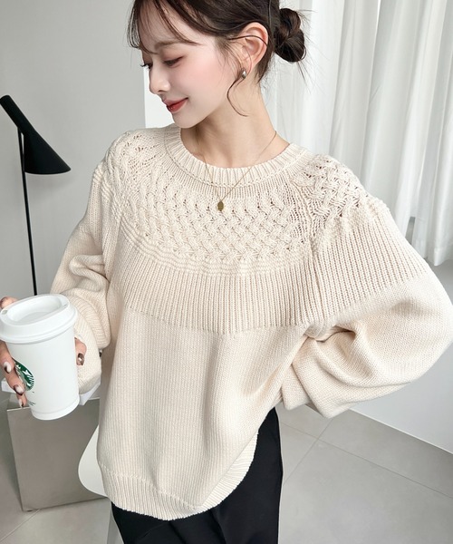 moment+ ニット セーター 求心ケーブル編みニットプルオーバー