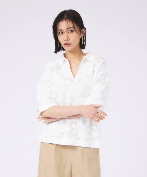 【試着のみ】boussole×qualite★レースジャガートポロ襟ニット qualite（カリテ） ニット セーター 「boussole×qualite」レース